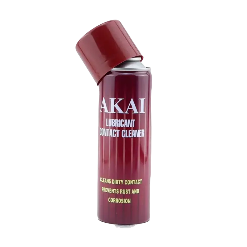 Akai Oil Lubricant Contact Cleaner 250 ml red aerosol can, showing the label stating that it cleans dirty contacts and helps prevent rust and corrosion - THARAA STORE