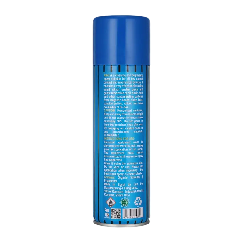 Akai Video Cleaner 250 ml blue aerosol can, showing the front label and rear cleaning instructions and flammability warnings - THARAA STORE