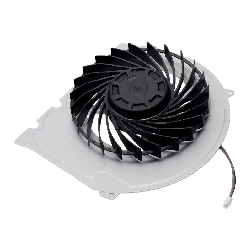 Internal PS4 Slim cooling fan with black curved blades, white housing and attached power connector, shown from multiple angles - THARAA STORE