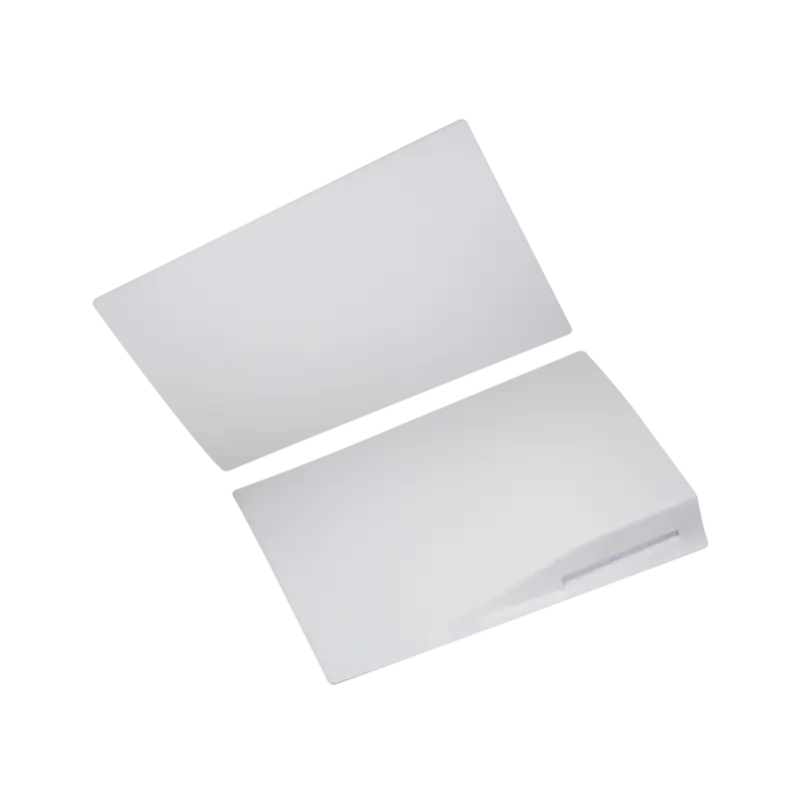 White top and bottom replacement faceplate panels for the PS5 Disc Edition, shown from the exterior and inner sides with mounting clips visible - THARAA STORE