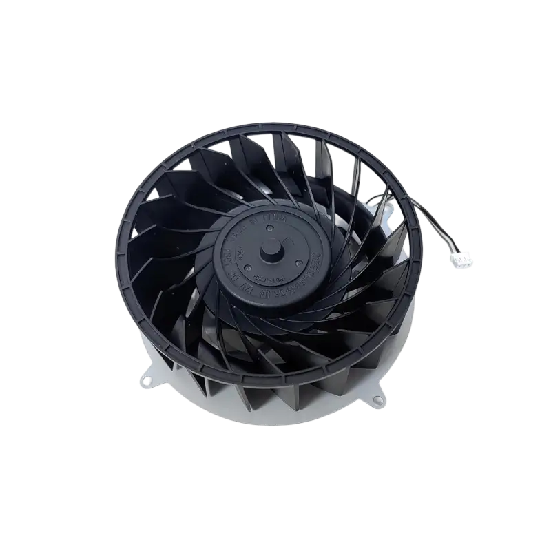 Black PS5 Slim internal cooling fan with 19-blade impeller, mounting frame and attached three-wire connector, shown from multiple angles - THARAA STORE