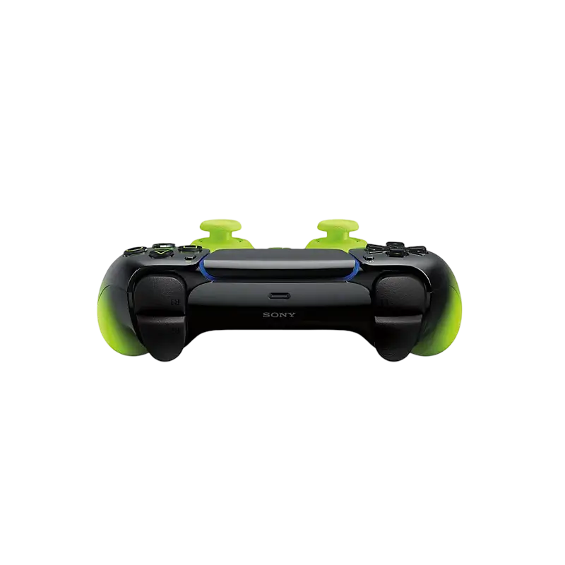 Sony DualSense Remix Green wireless controller with a glossy black-to-neon-green gradient, front buttons, rear design, and PlayStation retail packaging - THARAA STORE