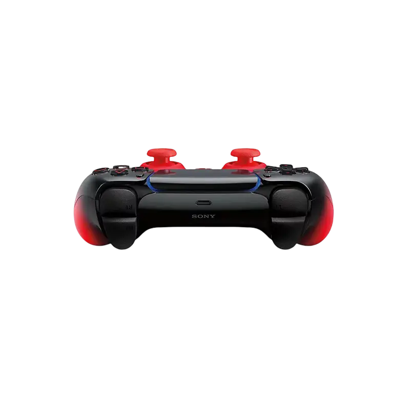 Sony DualSense Techno Red wireless controller showing its glossy black-to-red gradient finish, front controls, rear grips, and retail packaging - THARAA STORE