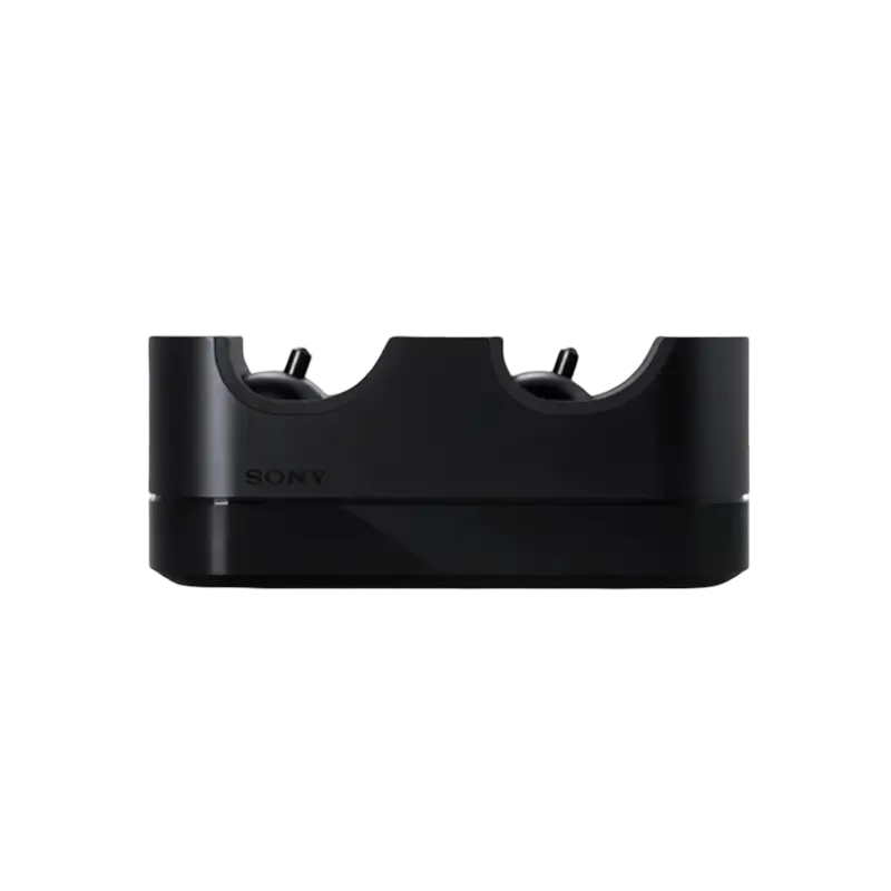Black Sony DUALSHOCK 4 charging station for PS4, shown beside its PS4-branded retail box - THARAA STORE