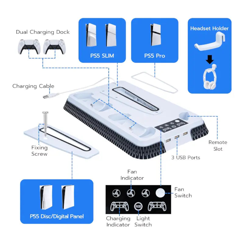 Wigearss Cooling Stand for PS5 Slim and PS5 Pro with Dual Charger and RGB Lights
