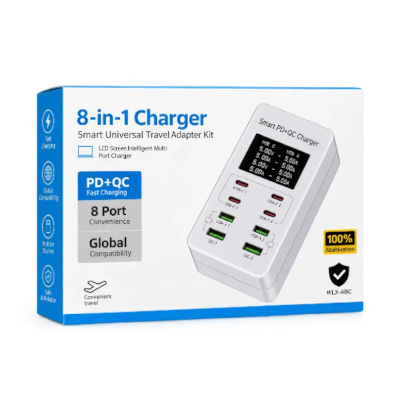 White 8-port USB charger hub with LCD display, two USB-C PD ports, two green USB-A QC ports and four red USB-A 5V ports, shown with its retail box - THARAA STORE