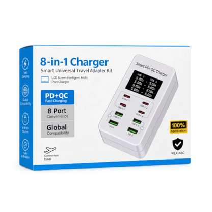 White 8-port USB charger hub with LCD display, two USB-C PD ports, two green USB-A QC ports and four red USB-A 5V ports, shown with its retail box - THARAA STORE