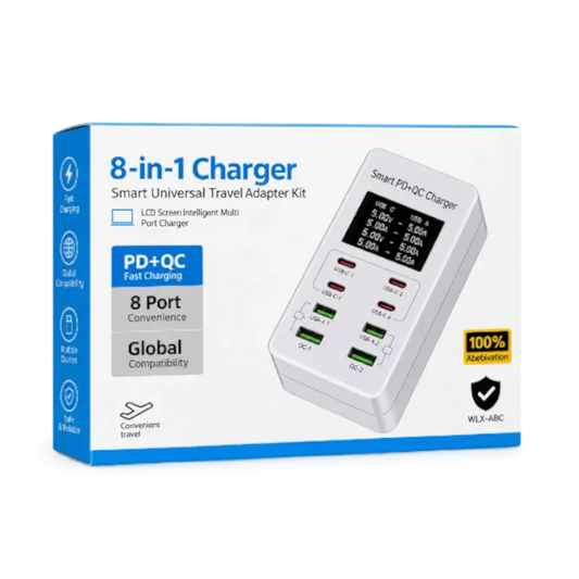White 8-port USB charger hub with LCD display, two USB-C PD ports, two green USB-A QC ports and four red USB-A 5V ports, shown with its retail box - THARAA STORE