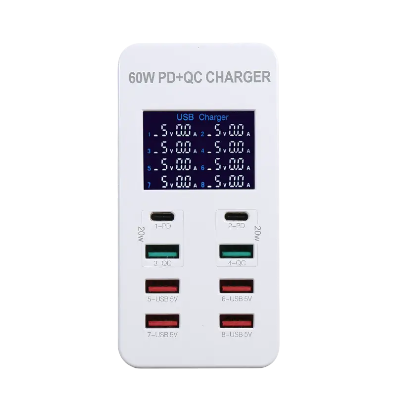 White 8-port USB charger hub with LCD display, two USB-C PD ports, two green USB-A QC ports and four red USB-A 5V ports, shown with its retail box - THARAA STORE