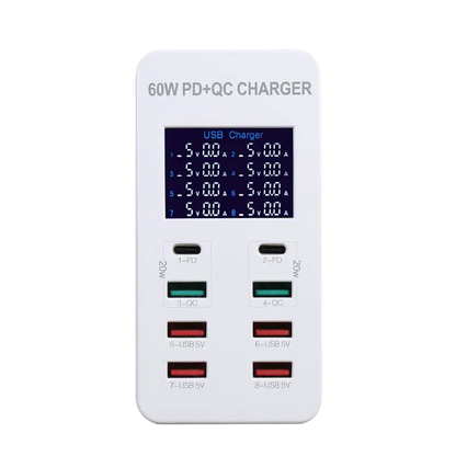 White 8-port USB charger hub with LCD display, two USB-C PD ports, two green USB-A QC ports and four red USB-A 5V ports, shown with its retail box - THARAA STORE