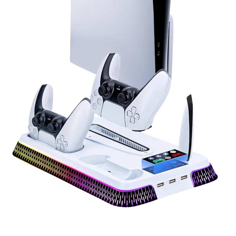 Wigearss Cooling Stand for PS5 Slim & PS5 Pro – Dual Controller Charging, RGB Lights, Headset Holder & 3 USB Ports – White