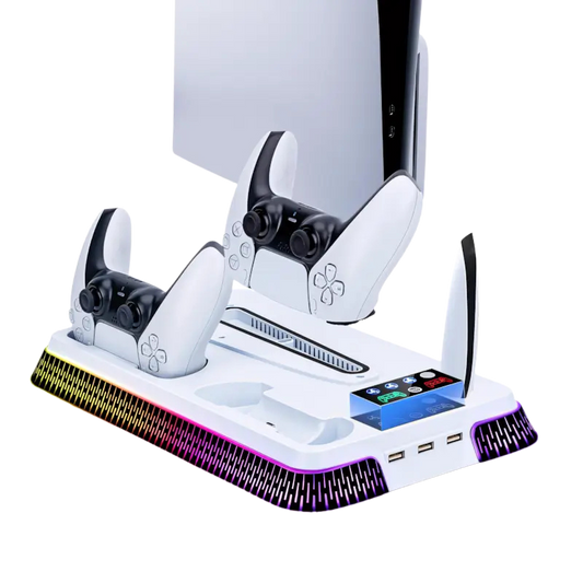 Wigearss Cooling Stand for PS5 Slim & PS5 Pro – Dual Controller Charging, RGB Lights, Headset Holder & 3 USB Ports – White