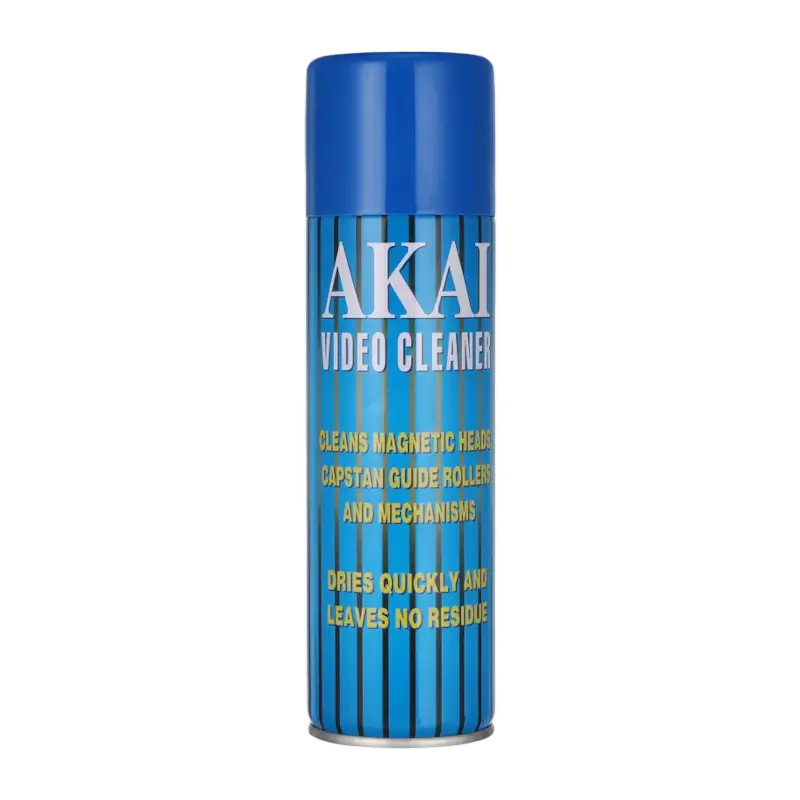 Akai Video Cleaner 250 ml blue aerosol can, showing the front label and rear cleaning instructions and flammability warnings - THARAA STORE