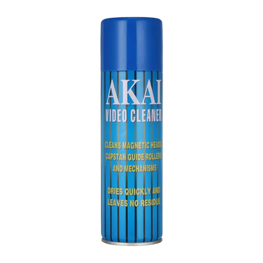 Akai Video Cleaner 250 ml blue aerosol can, showing the front label and rear cleaning instructions and flammability warnings - THARAA STORE