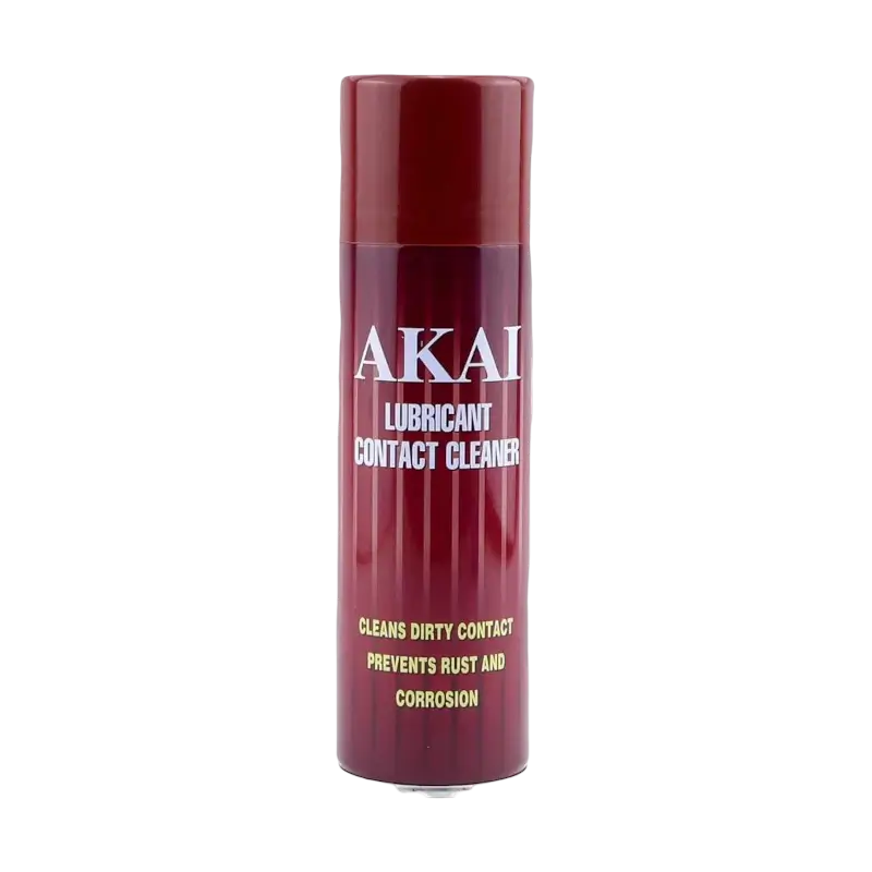 Akai Oil Lubricant Contact Cleaner 250 ml red aerosol can, showing the label stating that it cleans dirty contacts and helps prevent rust and corrosion - THARAA STORE
