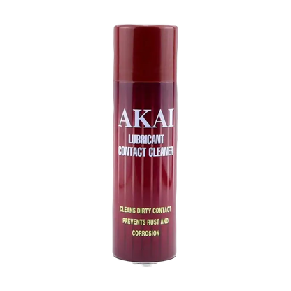 Akai Oil Lubricant Contact Cleaner 250 ml red aerosol can, showing the label stating that it cleans dirty contacts and helps prevent rust and corrosion - THARAA STORE