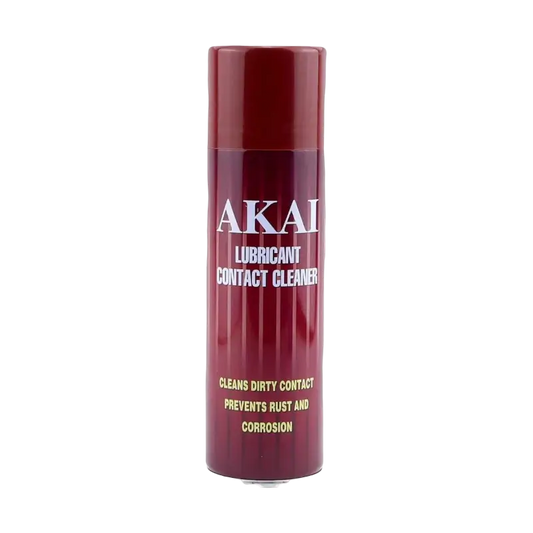 Akai Oil Lubricant Contact Cleaner 250 ml red aerosol can, showing the label stating that it cleans dirty contacts and helps prevent rust and corrosion - THARAA STORE