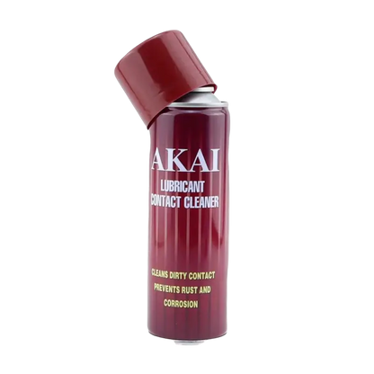 Akai Oil Lubricant Contact Cleaner 250 ml red aerosol can, showing the label stating that it cleans dirty contacts and helps prevent rust and corrosion - THARAA STORE