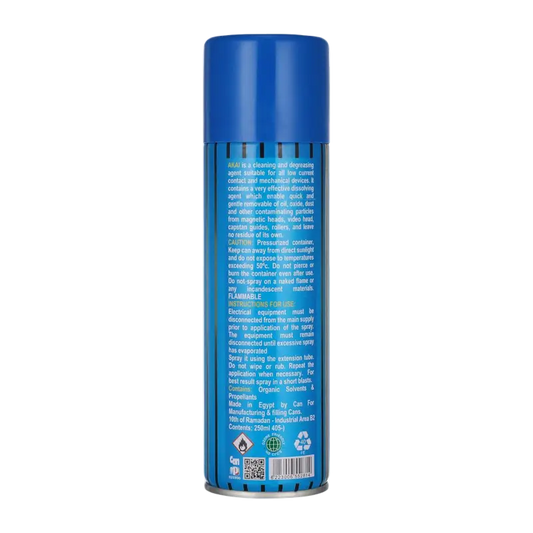 Akai Video Cleaner 250 ml blue aerosol can, showing the front label and rear cleaning instructions and flammability warnings - THARAA STORE