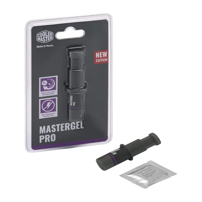 Cooler Master New MasterGel Pro grey thermal paste in a flat-nozzle syringe, with retail packaging and grease-cleaner sachet, model MGY-ZOSG-N15M-R2 - THARAA STORE