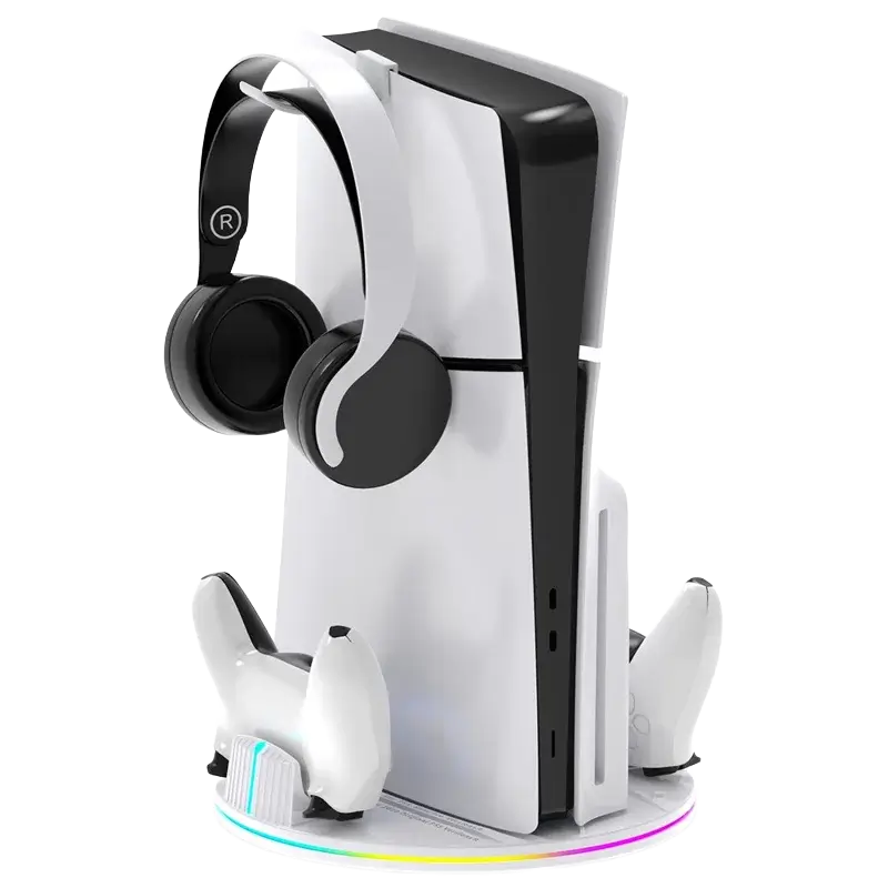 DEADSKULL DS-8057 vertical charging stand with dual controller charger and headphone holder for PS5 PS5 Slim and PS5 Pro white - THARAA STORE