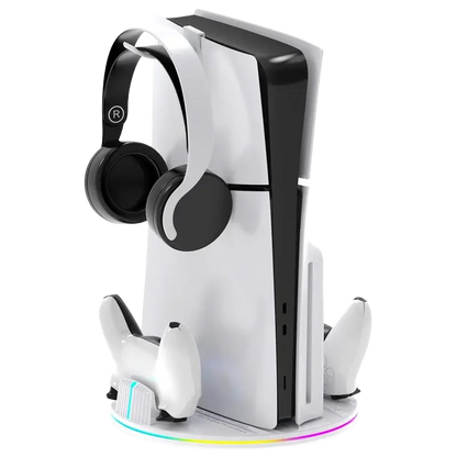 DEADSKULL DS-8057 vertical charging stand with dual controller charger and headphone holder for PS5 PS5 Slim and PS5 Pro white - THARAA STORE