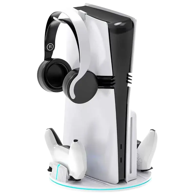 DEADSKULL DS-8057 vertical charging stand with dual controller charger and headphone holder for PS5 PS5 Slim and PS5 Pro white - THARAA STORE