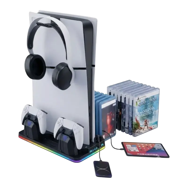 DEADSKULL DS-MZ8043 RGB cooling and charging stand for PS5 PS5 Slim and PS5 Pro with dual controller charger and game storage - THARAA STORE