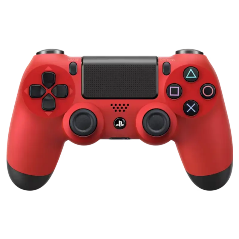 A red PlayStation 4 controller with black accents, including the touchpad, thumbsticks, and tips, shown on a solid white background.