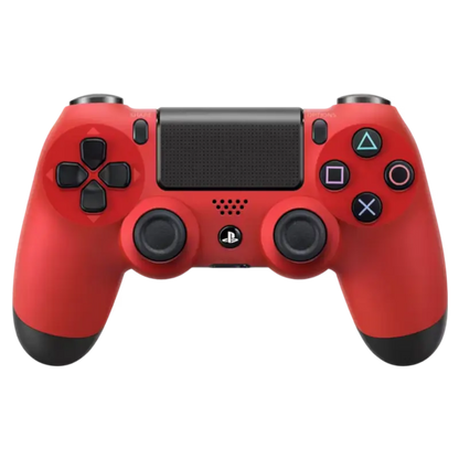 A red PlayStation 4 controller with black accents, including the touchpad, thumbsticks, and tips, shown on a solid white background.