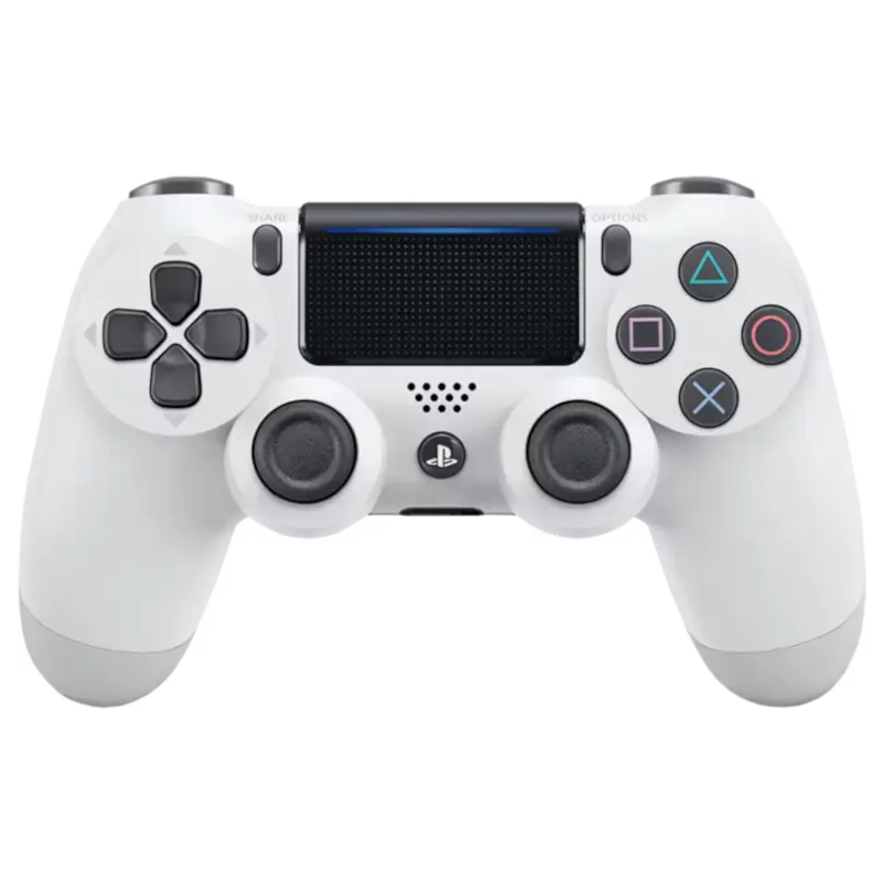 A white PlayStation 4 controller with black buttons, joysticks, and touchpad, shown from the front on a solid white background.