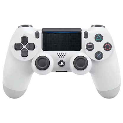 A white PlayStation 4 controller with black buttons, joysticks, and touchpad, shown from the front on a solid white background.