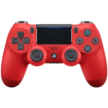A red PlayStation 4 controller with dark gray buttons, joysticks, and touchpad, shown from the front on a solid white background.