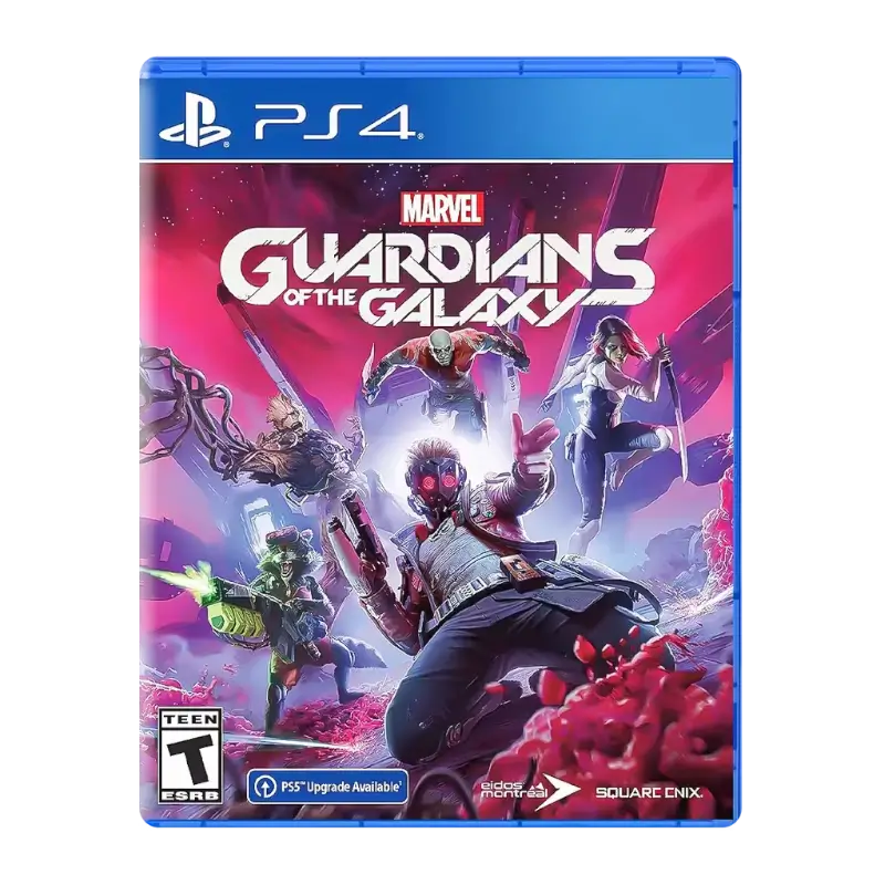 Marvel's Guardians of the Galaxy PS4 game case with Star-Lord and the Guardians on the front cover, alongside in-game screenshots - THARAA STORE