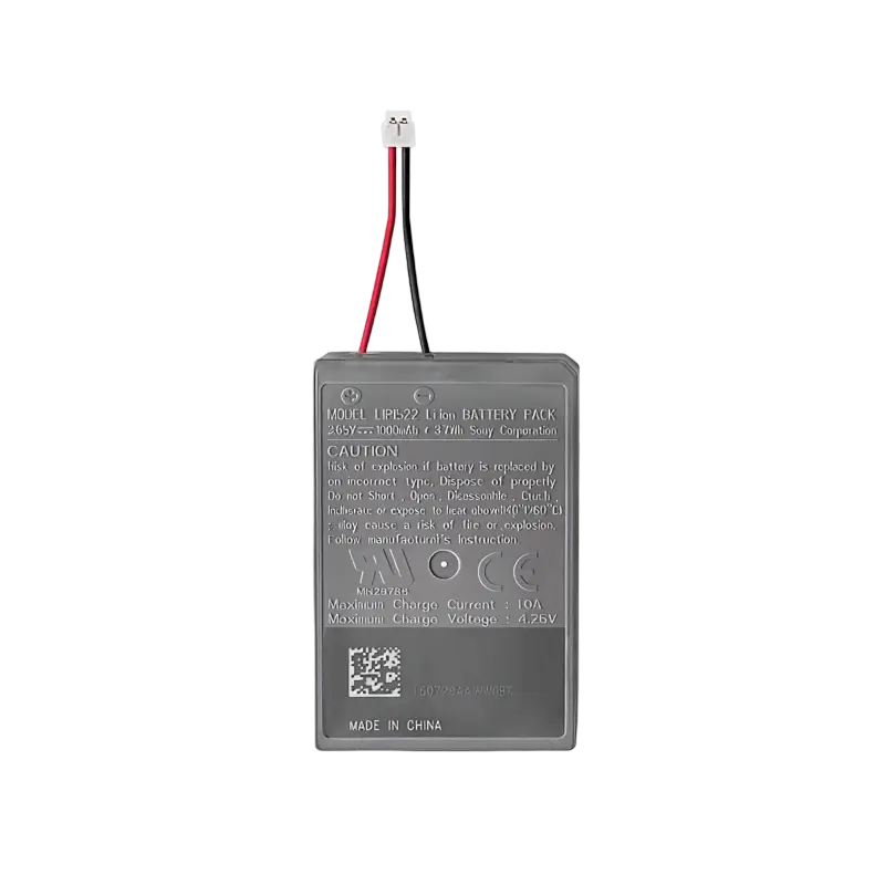 Original Sony-branded PS4 controller lithium-ion battery with a short red and black cable and white connector, shown from both sides - THARAA STORE
