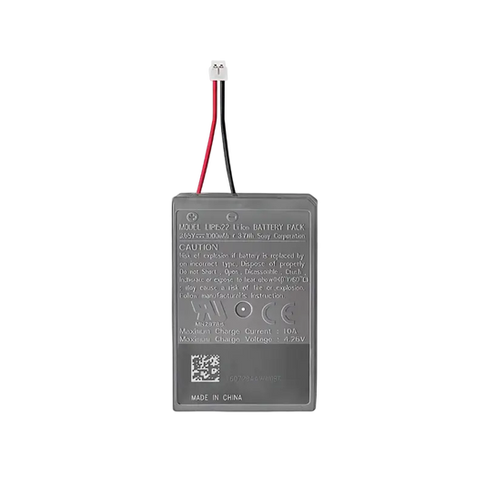 Original Sony-branded PS4 controller lithium-ion battery with a short red and black cable and white connector, shown from both sides - THARAA STORE