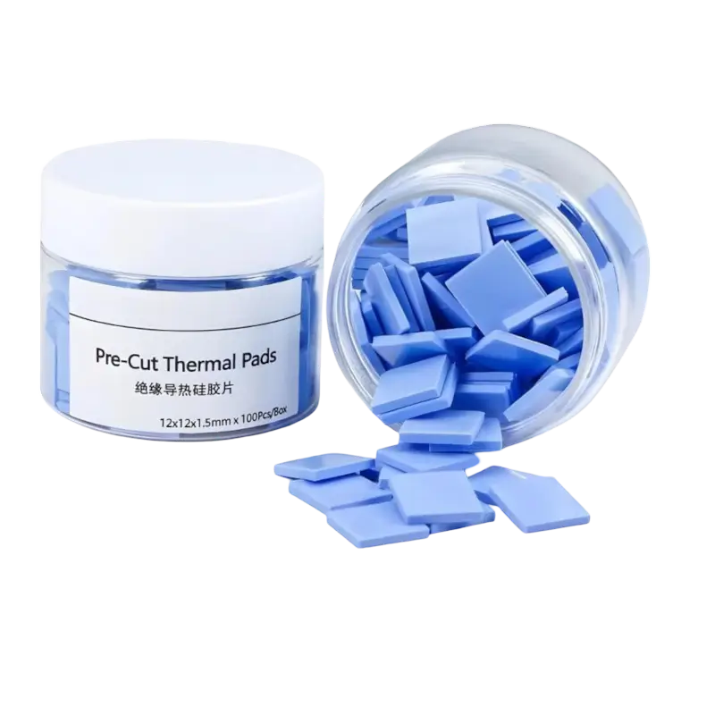 Blue square pre-cut silicone thermal pads shown individually and in a clear storage jar with a white lid - THARAA STORE