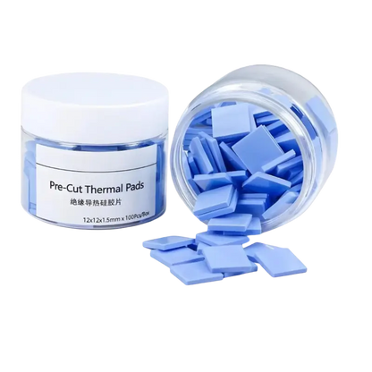 Blue square pre-cut silicone thermal pads shown individually and in a clear storage jar with a white lid - THARAA STORE