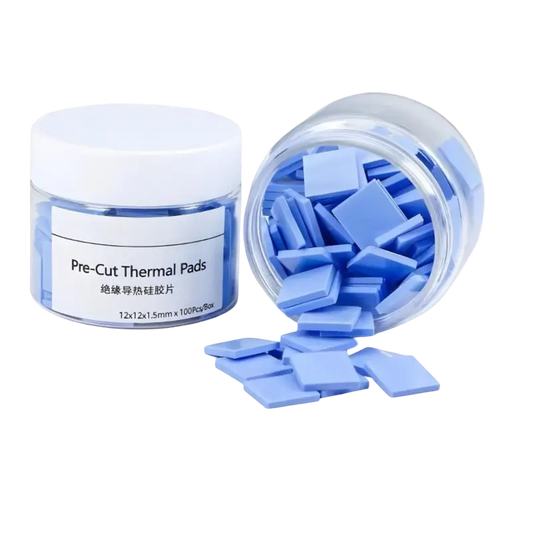 Blue square pre-cut silicone thermal pads shown individually and in a clear storage jar with a white lid - THARAA STORE