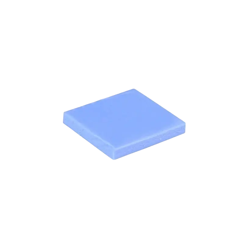 Blue square pre-cut silicone thermal pads shown individually and in a clear storage jar with a white lid - THARAA STORE