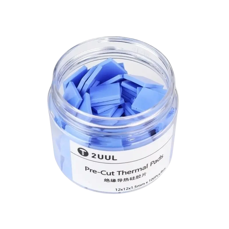 Blue square pre-cut silicone thermal pads shown individually and in a clear storage jar with a white lid - THARAA STORE