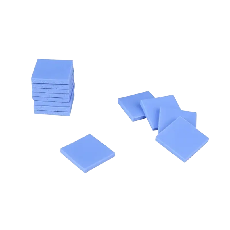 Blue square pre-cut silicone thermal pads shown individually and in a clear storage jar with a white lid - THARAA STORE