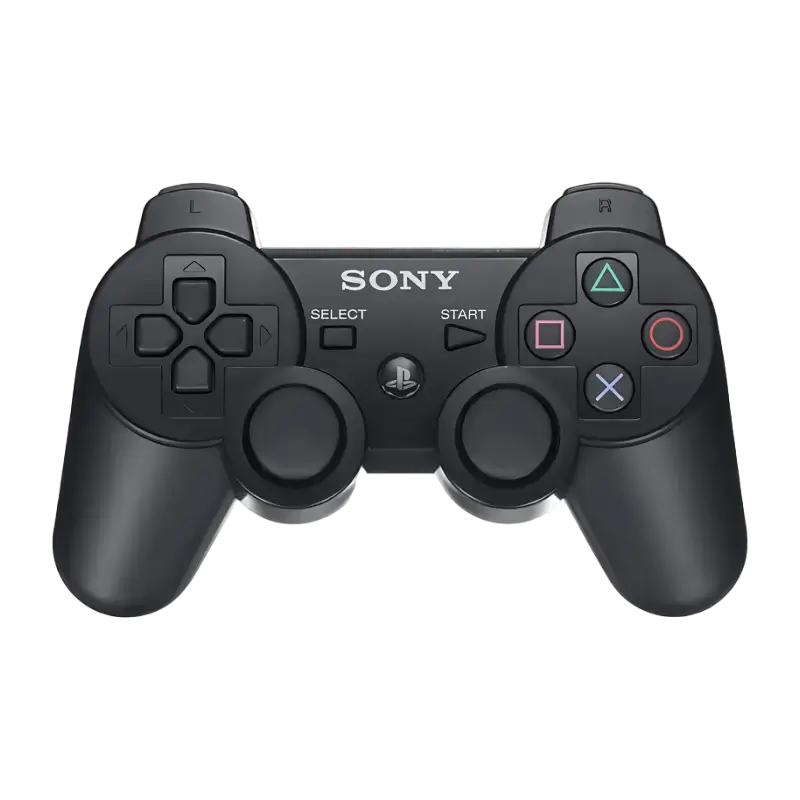 Black PlayStation 3 controller with DUALSHOCK 3 and SIXAXIS markings, shown from the front, top and rear angles - THARAA STORE