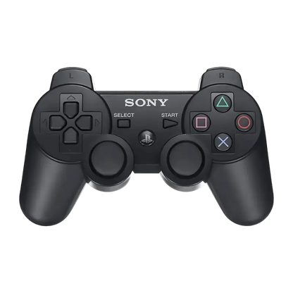 Black PlayStation 3 controller with DUALSHOCK 3 and SIXAXIS markings, shown from the front, top and rear angles - THARAA STORE