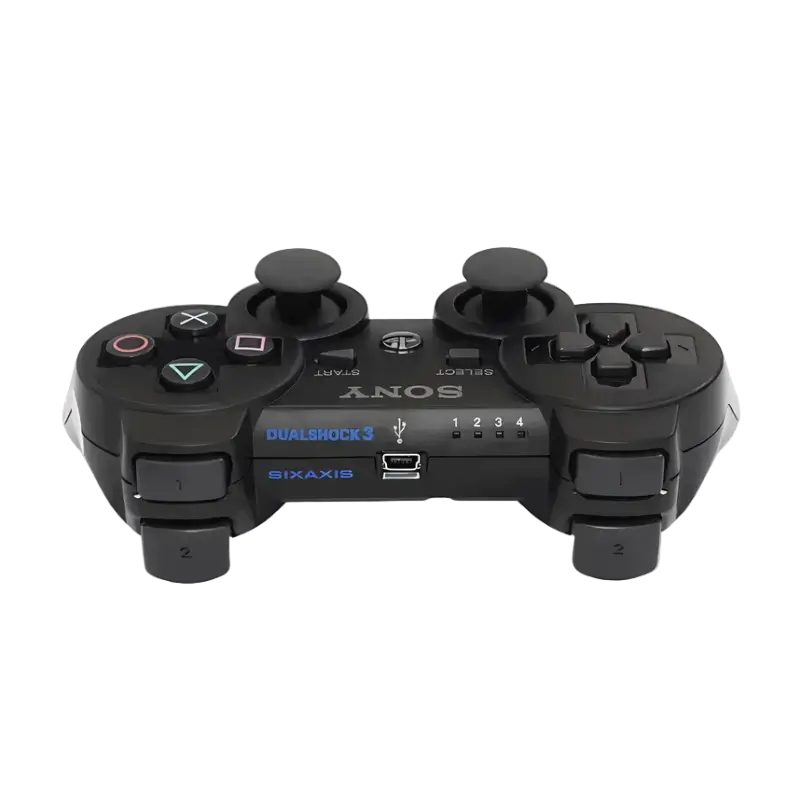 Black PlayStation 3 controller with DUALSHOCK 3 and SIXAXIS markings, shown from the front, top and rear angles - THARAA STORE