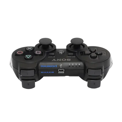 Black PlayStation 3 controller with DUALSHOCK 3 and SIXAXIS markings, shown from the front, top and rear angles - THARAA STORE