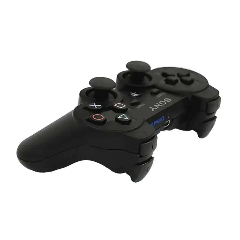 Black PlayStation 3 controller with DUALSHOCK 3 and SIXAXIS markings, shown from the front, top and rear angles - THARAA STORE