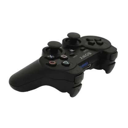 Black PlayStation 3 controller with DUALSHOCK 3 and SIXAXIS markings, shown from the front, top and rear angles - THARAA STORE