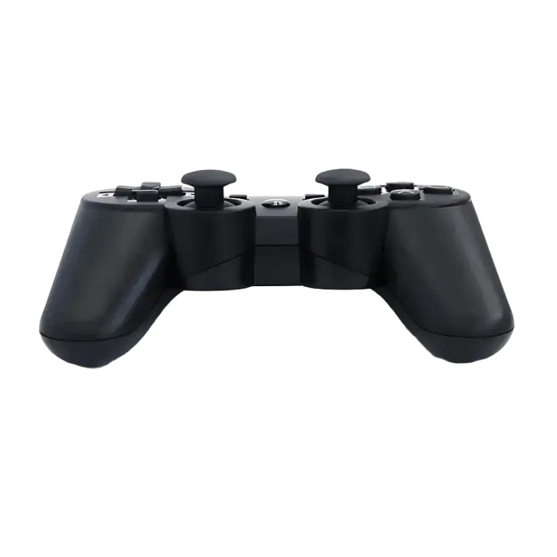 Black PlayStation 3 controller with DUALSHOCK 3 and SIXAXIS markings, shown from the front, top and rear angles - THARAA STORE