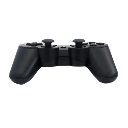 Black PlayStation 3 controller with DUALSHOCK 3 and SIXAXIS markings, shown from the front, top and rear angles - THARAA STORE